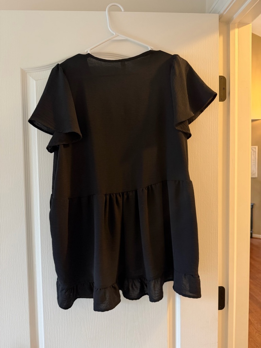 Black Tiered Babydoll Top | Flutter Sleeve V-Neck Blouse - Picture 5 of 5